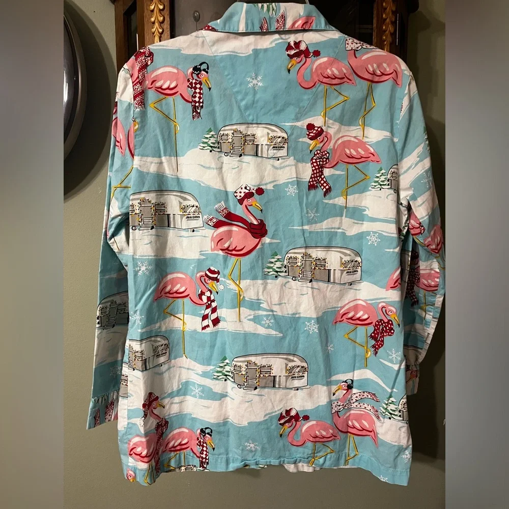 Vintage Nick & Nora Airstream Camper Flamingo Pajama Shirt Classic Sleep Medium - Picture 5 of 6